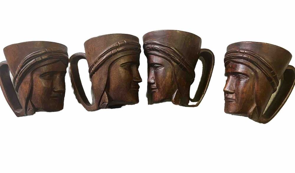 Vintage Carved Hawaiian Lady Face Tiki Mug Monkey Pod Wood Lot (6 Mugs)